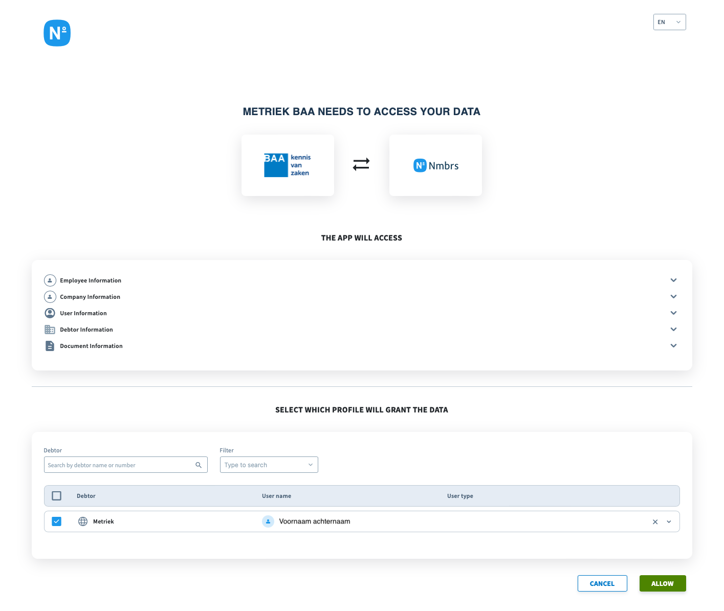 Screenshot NMBRS toestemming geven